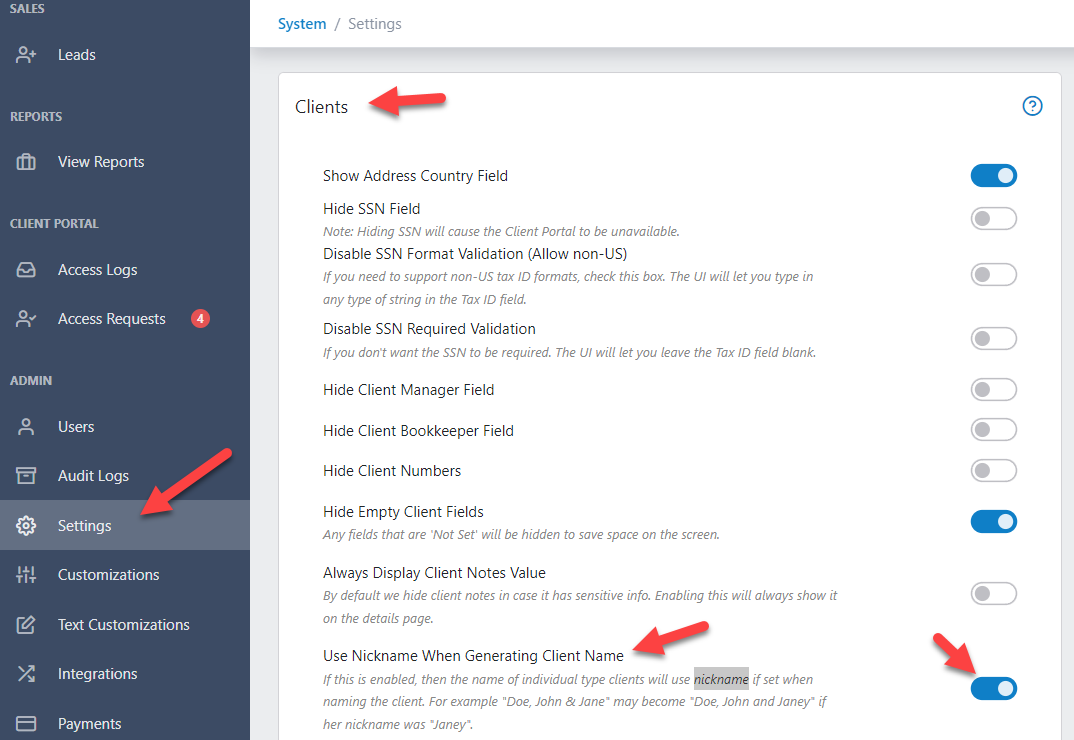 Client Nickname as Client Name – Firm360