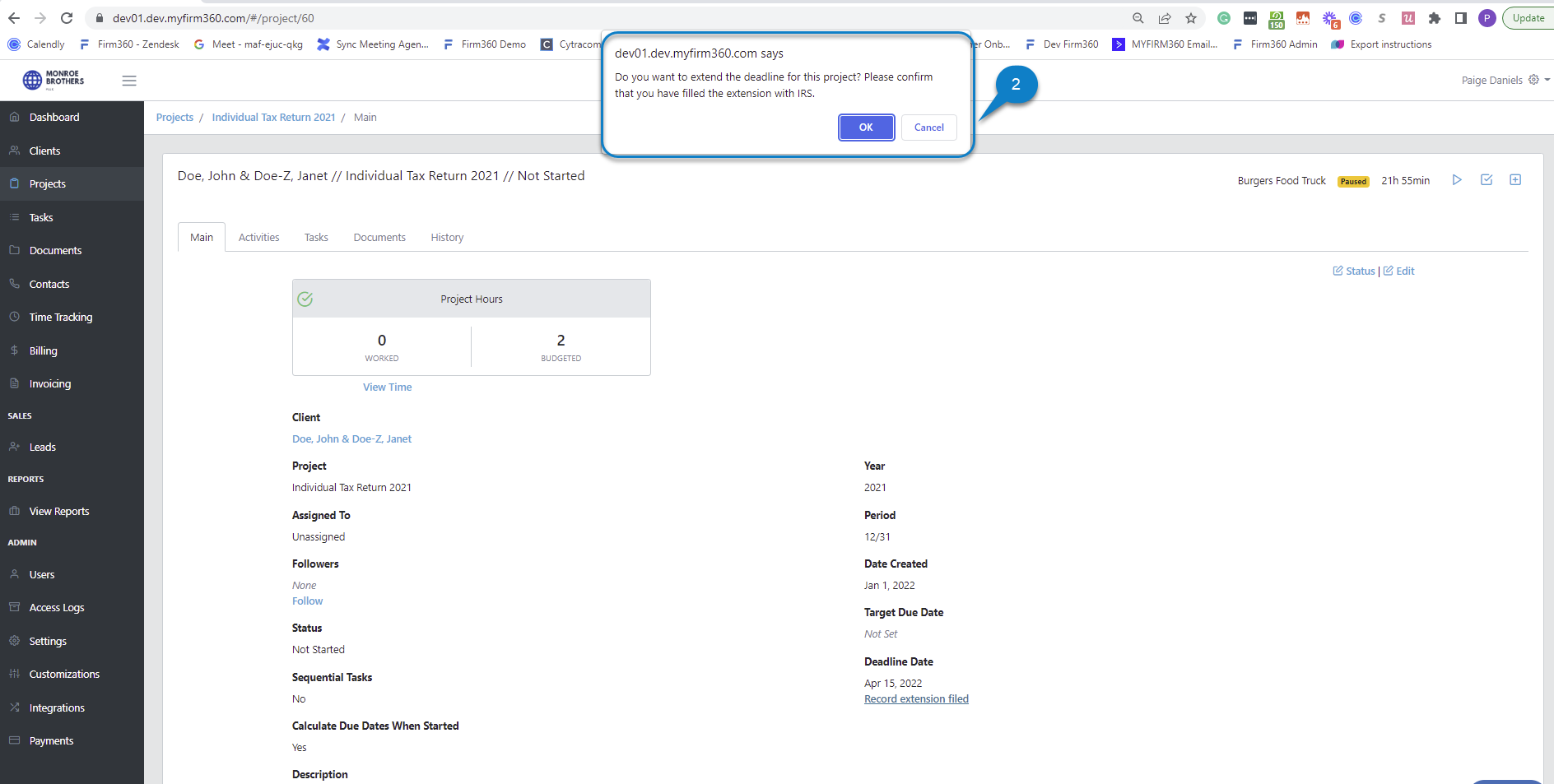 Record extension filed with IRS for Individual or Business Tax Return